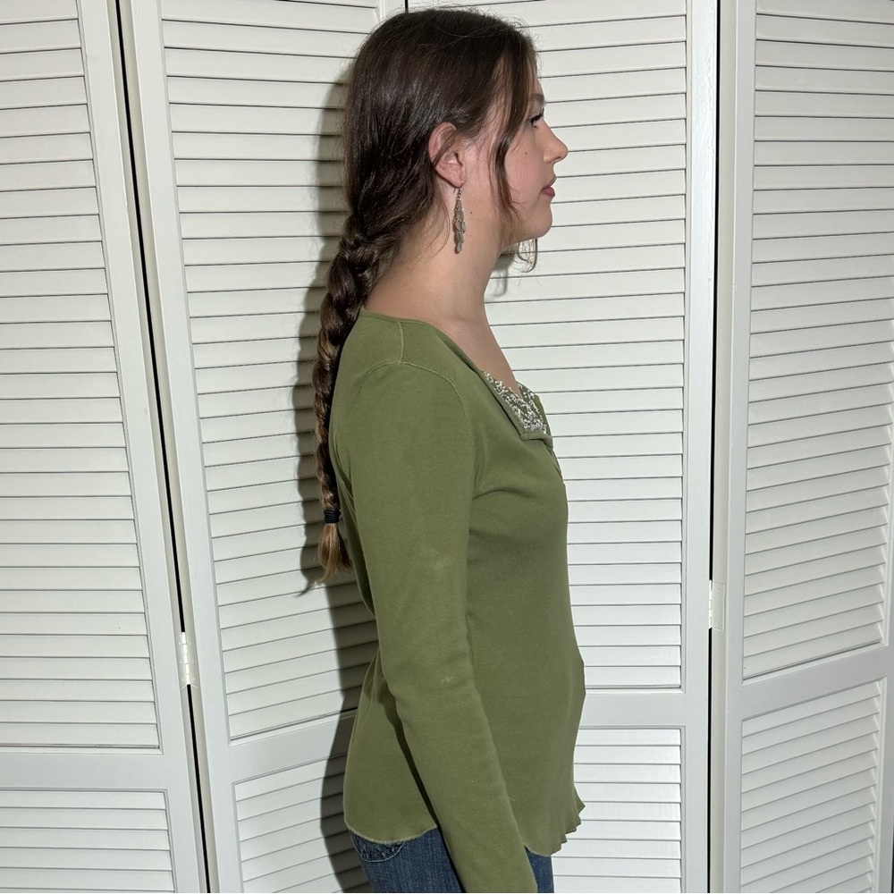 Women’s Top - Olive Green V-Neck with Sequins by For Joseph Fortune - Size M - Picture 3 of 16